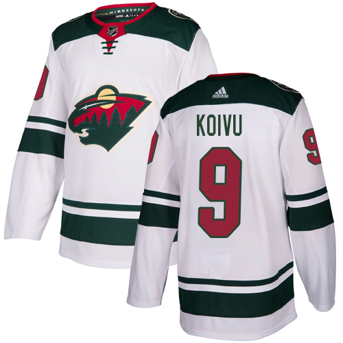 Men's Mikko Koivu Authentic White Away Jersey: Hockey #9 Minnesota Wild