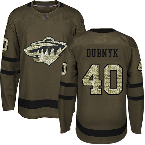Men's Devan Dubnyk Authentic Green Jersey: Hockey #40 Minnesota Wild Salute to Service