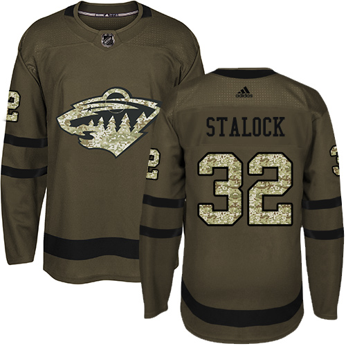 Men's Alex Stalock Authentic Green Jersey: Hockey #32 Minnesota Wild Salute to Service
