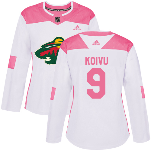 Women's Mikko Koivu Authentic White/Pink Jersey: Hockey #9 Minnesota Wild Fashion