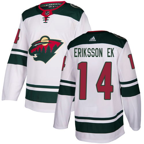 Men's Joel Eriksson Ek Authentic White Away Jersey: Hockey #14 Minnesota Wild