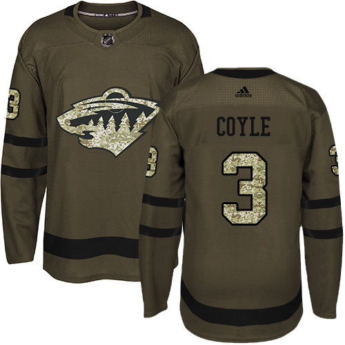 Adidas Youth Charlie Coyle Premier Green Jersey: NHL #3 Minnesota Wild Salute to Service