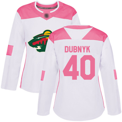 Women's Devan Dubnyk Authentic White/Pink Jersey: Hockey #40 Minnesota Wild Fashion