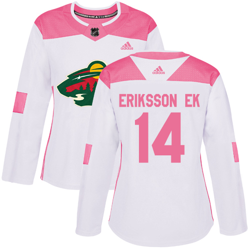 Women's Joel Eriksson Ek Authentic White/Pink Jersey: Hockey #14 Minnesota Wild Fashion