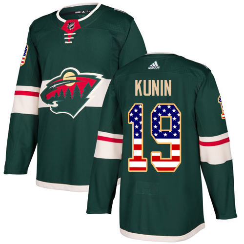 Men's Luke Kunin Authentic Green Jersey: Hockey #19 Minnesota Wild USA Flag Fashion