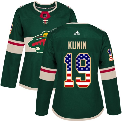 Women's Luke Kunin Authentic Green Jersey: Hockey #19 Minnesota Wild USA Flag Fashion