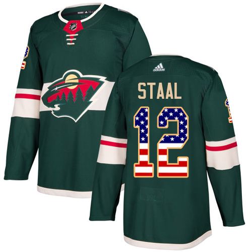 Men's Eric Staal Authentic Green Jersey: Hockey #12 Minnesota Wild USA Flag Fashion