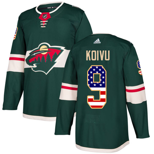 Men's Mikko Koivu Authentic Green Jersey: Hockey #9 Minnesota Wild USA Flag Fashion