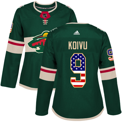 Women's Mikko Koivu Authentic Green Jersey: Hockey #9 Minnesota Wild USA Flag Fashion