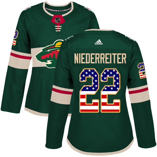 Adidas Women's Nino Niederreiter Authentic Green Jersey: NHL #22 Minnesota Wild USA Flag Fashion