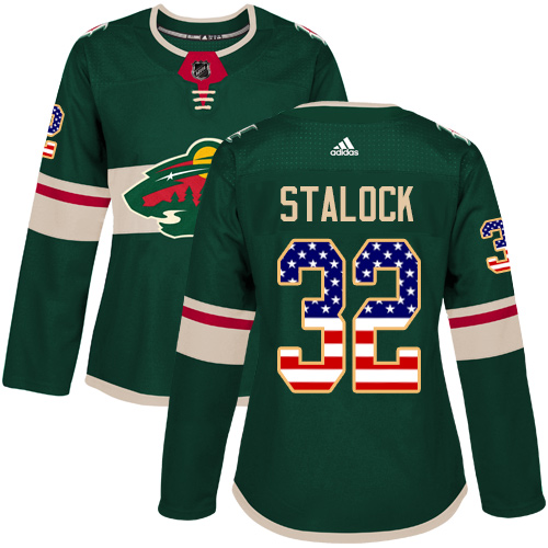 Women's Alex Stalock Authentic Green Jersey: Hockey #32 Minnesota Wild USA Flag Fashion