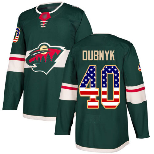 Youth Devan Dubnyk Authentic Green Jersey: Hockey #40 Minnesota Wild USA Flag Fashion