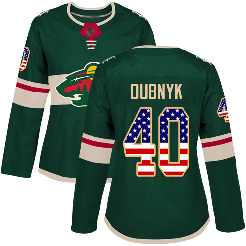 Women's Devan Dubnyk Authentic Green Jersey: Hockey #40 Minnesota Wild USA Flag Fashion