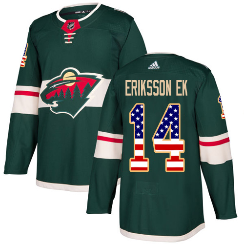 Youth Joel Eriksson Ek Authentic Green Jersey: Hockey #14 Minnesota Wild USA Flag Fashion