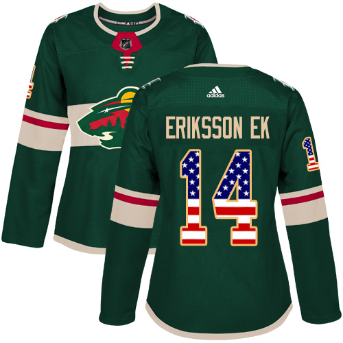 Women's Joel Eriksson Ek Authentic Green Jersey: Hockey #14 Minnesota Wild USA Flag Fashion