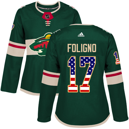 Women's Marcus Foligno Authentic Green Jersey: Hockey #17 Minnesota Wild USA Flag Fashion