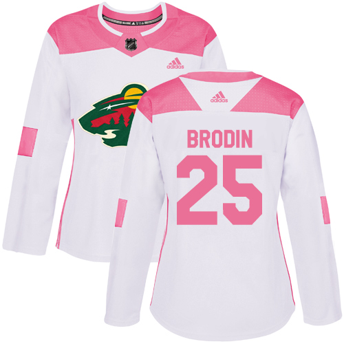 Women's Jonas Brodin Authentic White/Pink Jersey: Hockey #25 Minnesota Wild Fashion