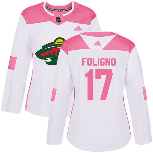Women's Marcus Foligno Authentic White/Pink Jersey: Hockey #17 Minnesota Wild Fashion